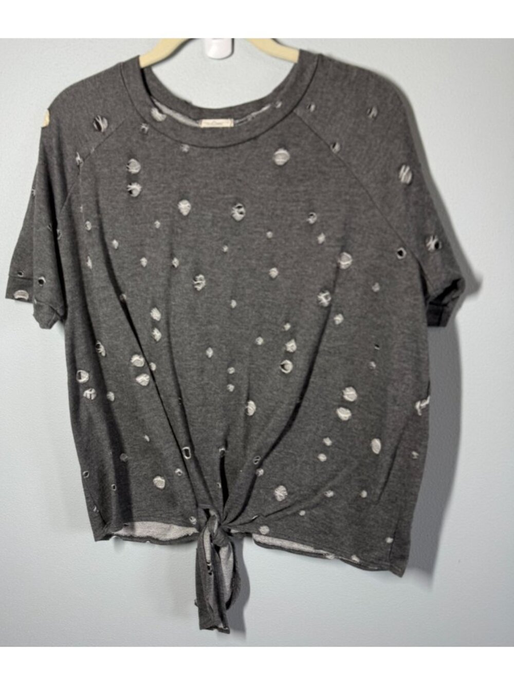 Luna Womens Small Dark Gray Distressed Holey Tie Front Top Grunge Punk Streetwea